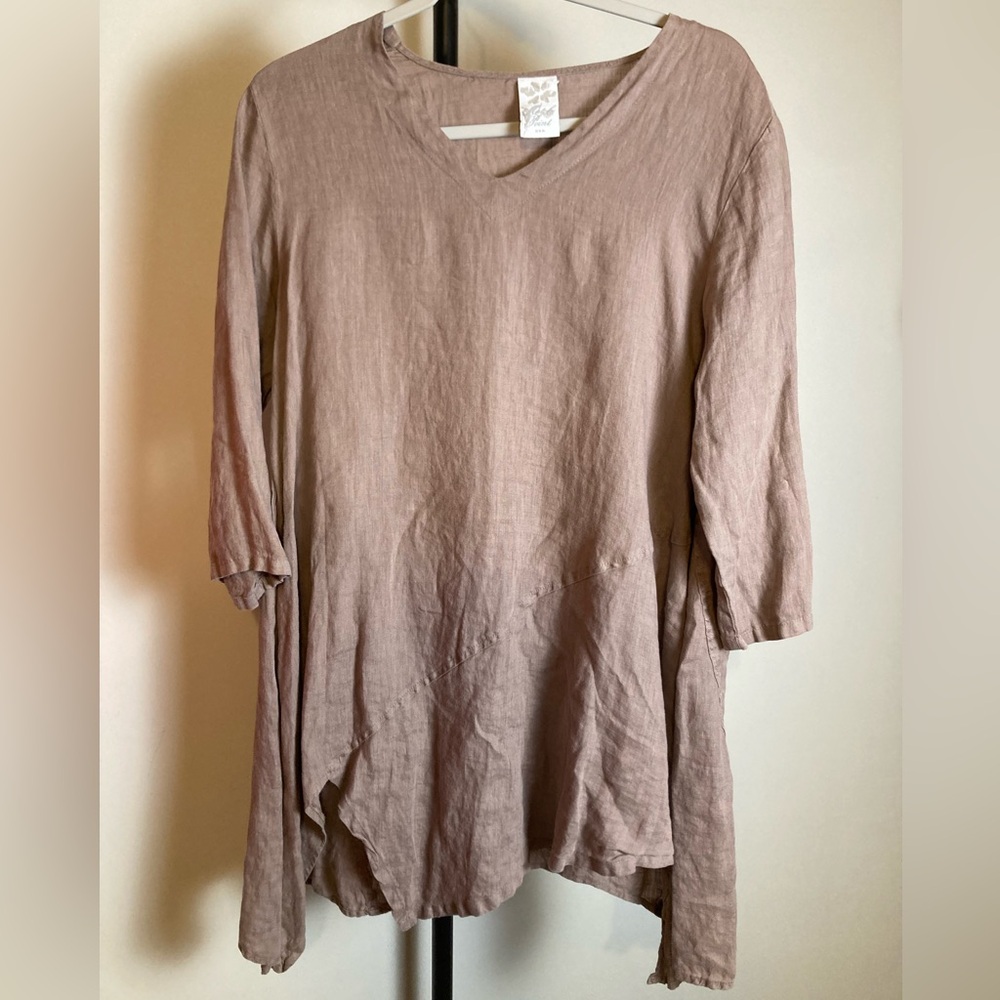 Match Point USA 100% Linen V-Neck Tunic Top Light Brown Relaxed Small